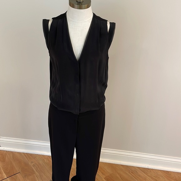 Maje black sleeveless menswear jumpsuit with leather trim size 4/6